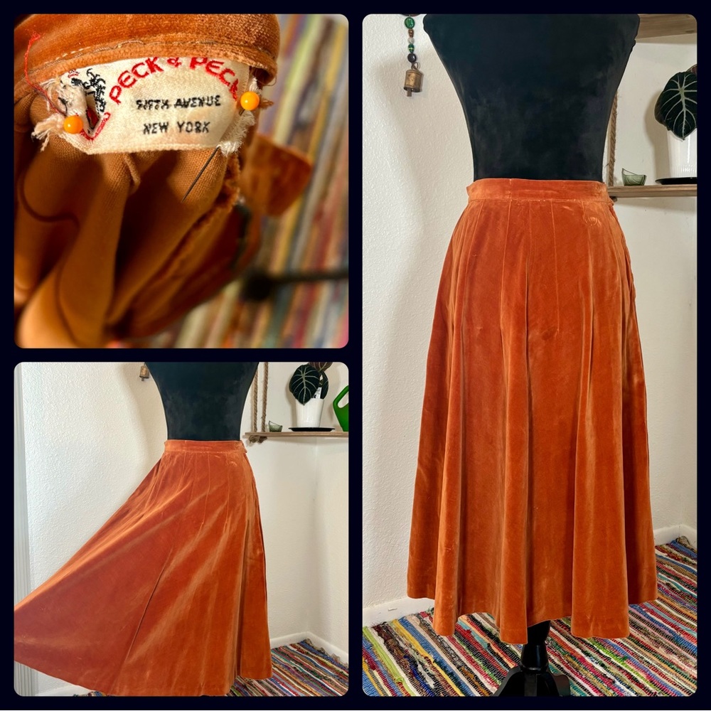 Peck & Peck Vintage Rust Orange Velvet Skirt 50s-60s Small
